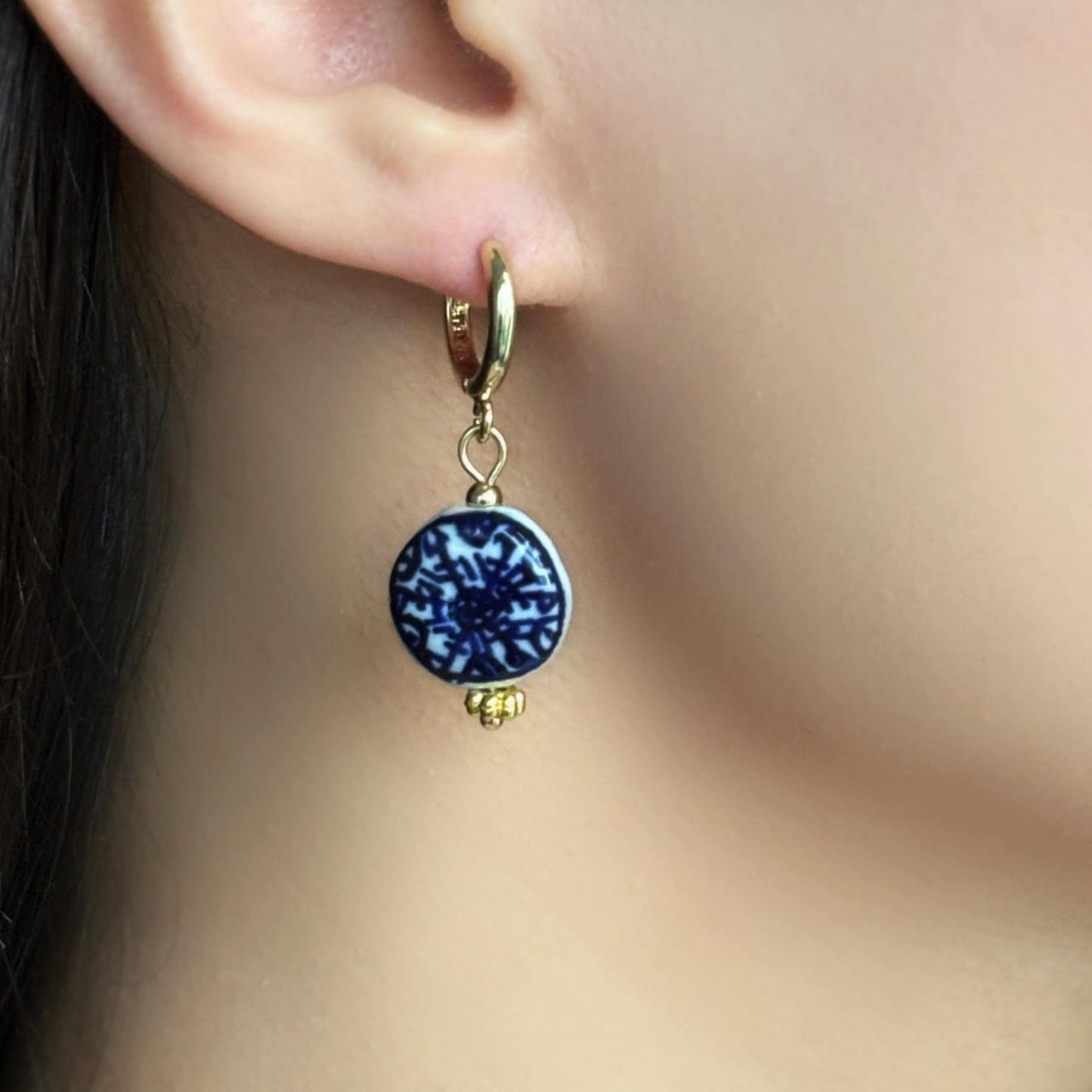 Dark Blue Porcelain Earrings with 18k Gold Hoops