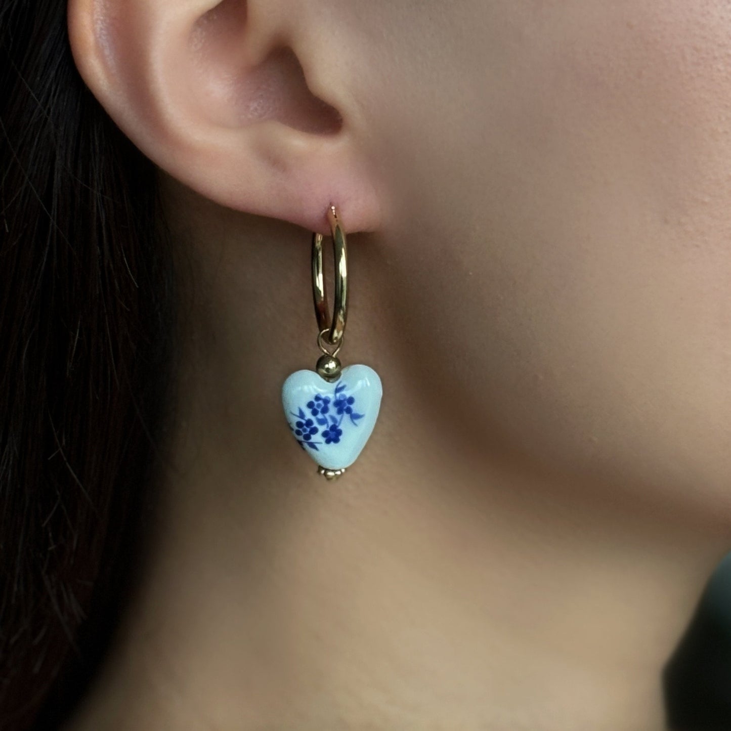 Traditional Bead & Heart of Blue Blossom Porcelain Earrings