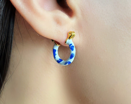 Chinese 18k Gold Porcelain Hoop Earrings