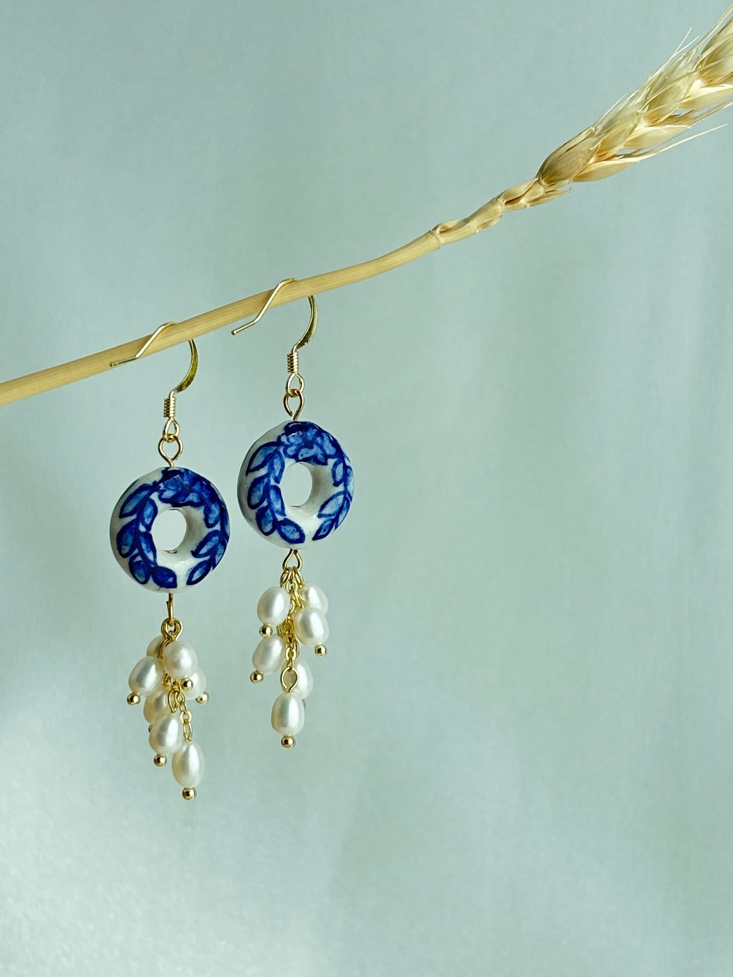 Porcelain Hoop Earrings with Blue Leaf and Pearl