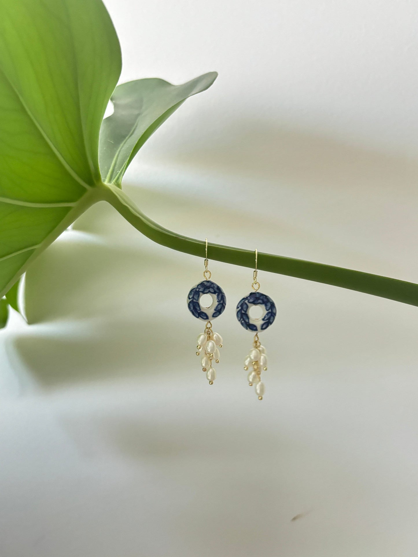 Porcelain Hoop Earrings with Blue Leaf and Pearl