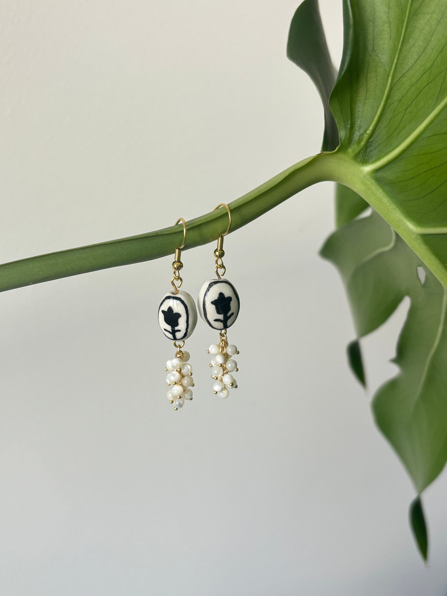 Hand-Painted Porcelain Earrings with Black Tulip Design and Pearl Bead Drops | Cute and Elegant Handcrafted Jewelry