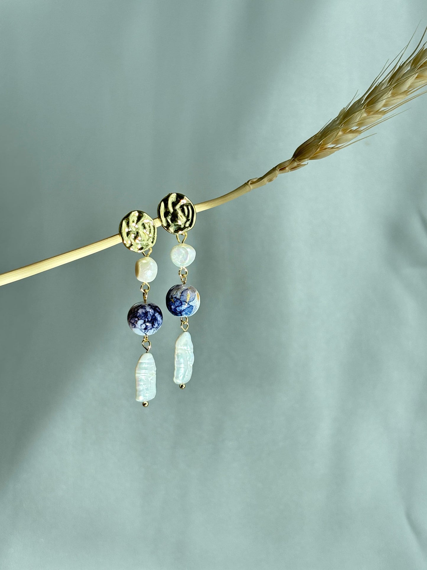 Gold Disc Earrings with Pearls and Blue Ceramic Bead