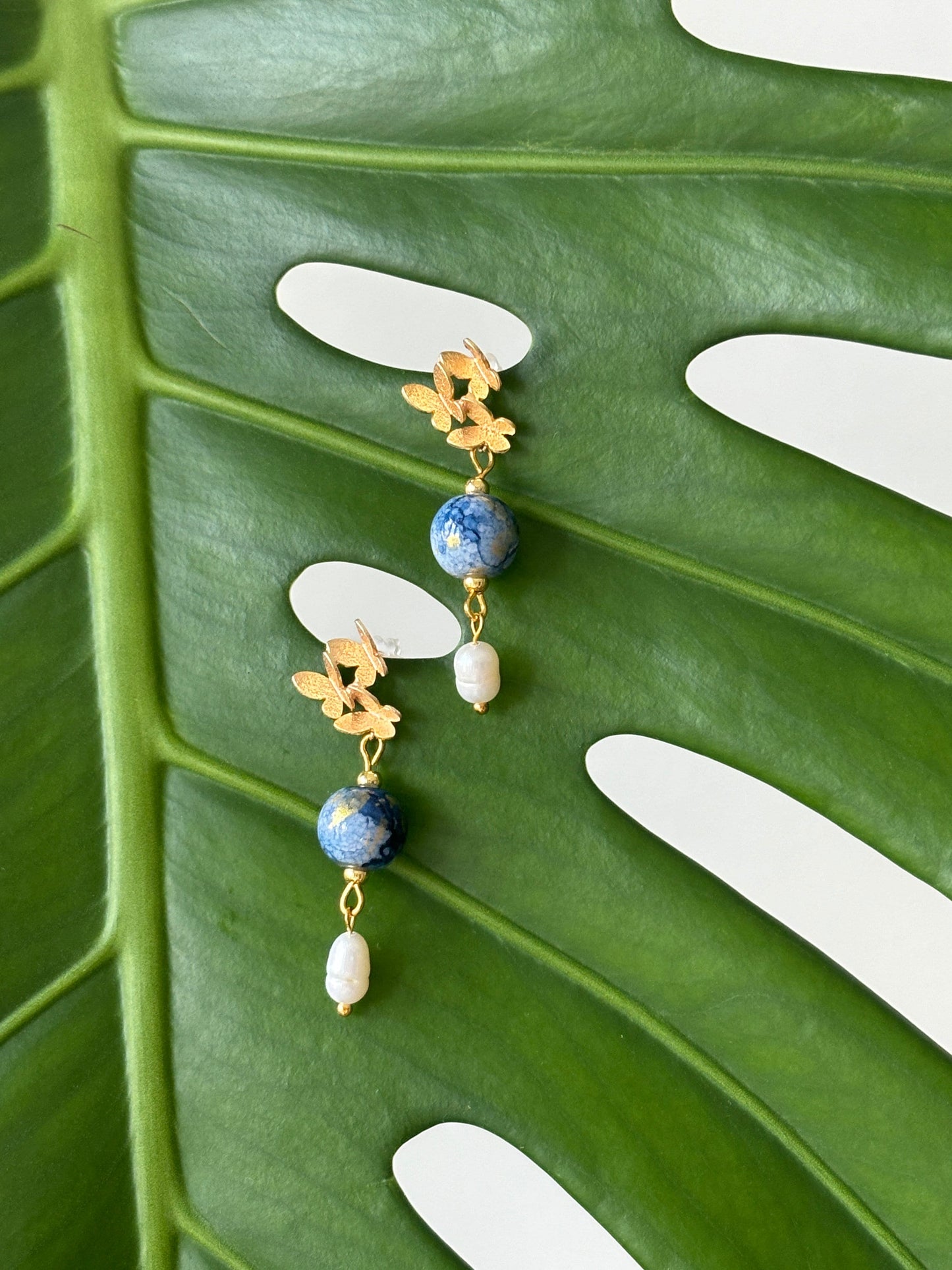 Gold Butterfly Studs with Pearl & Porcelain