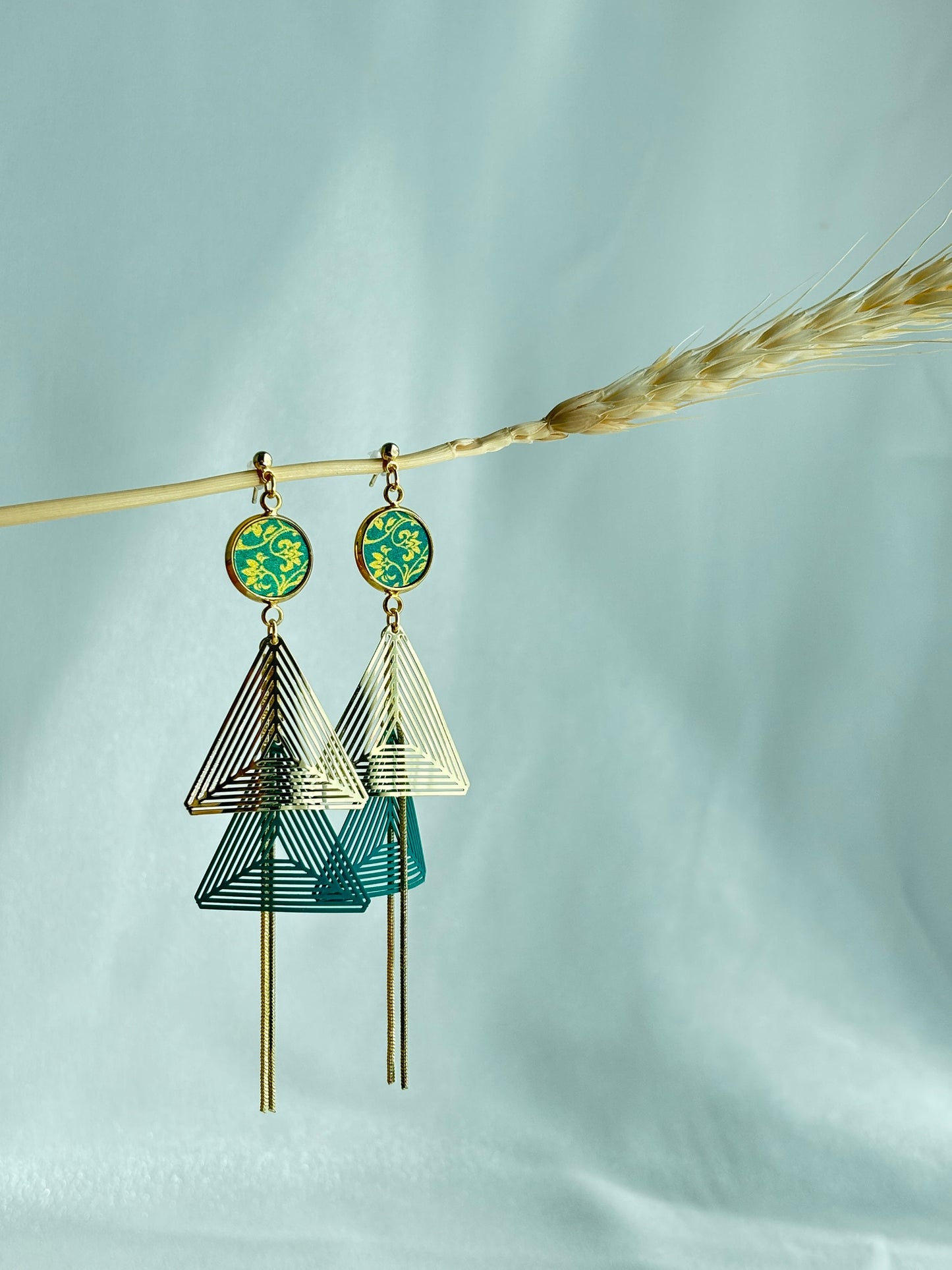 Green Porcelain Disc Earring with Modern Triangle Pendants