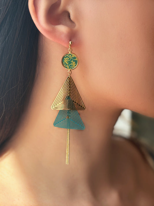 Green Porcelain Disc Earring with Modern Triangle Pendants