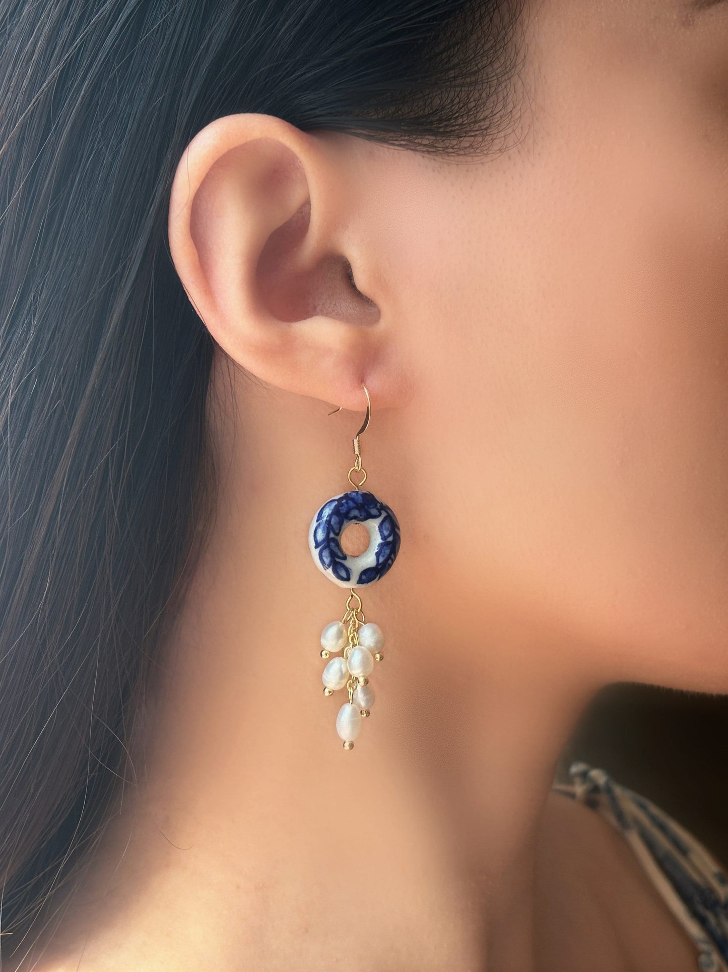 Porcelain Hoop Earrings with Blue Leaf and Pearl