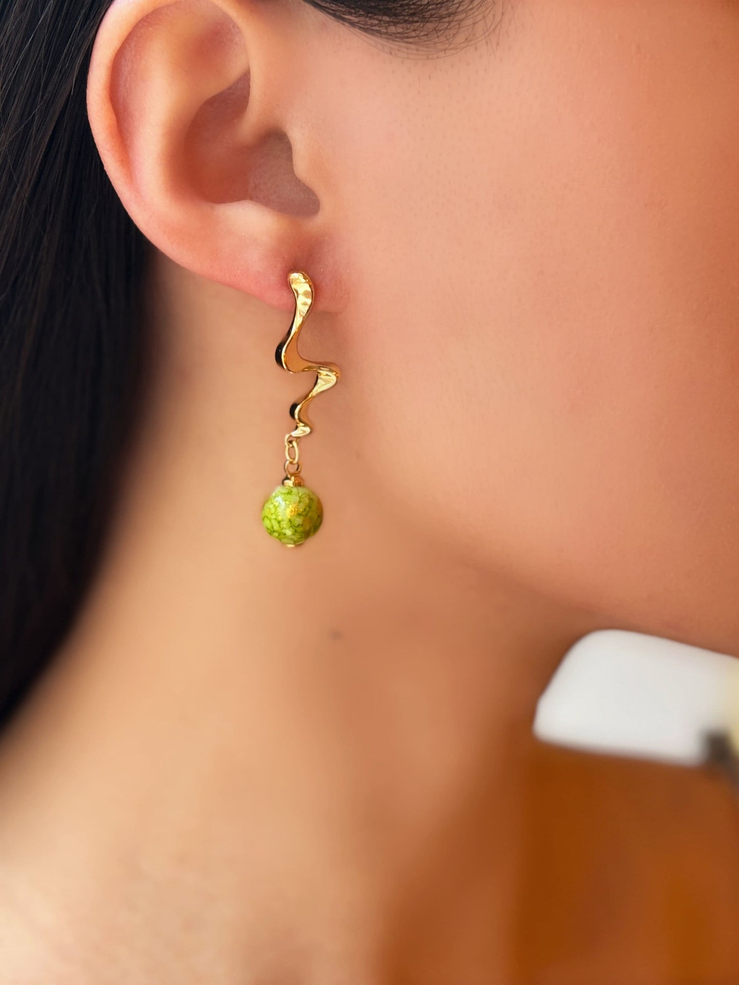 River Flow Earrings with Green Porcelain Bead