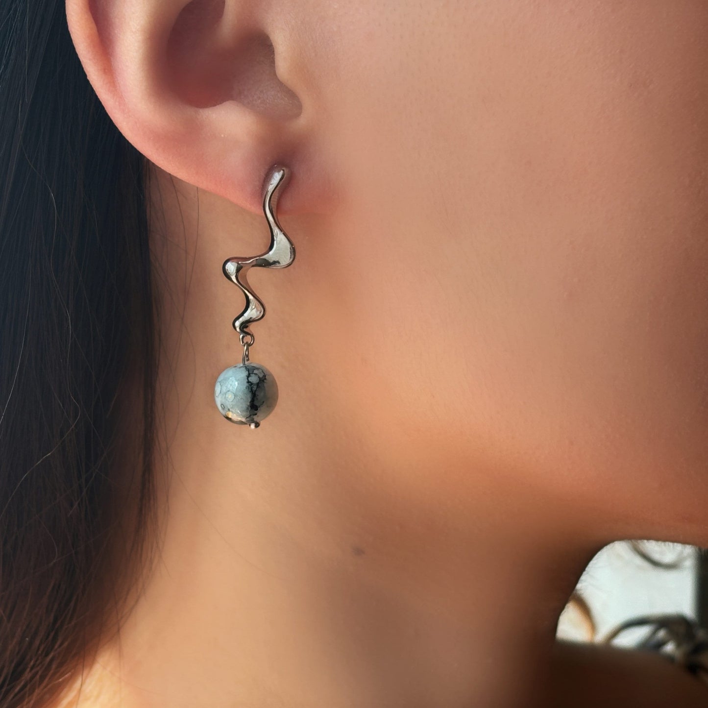 Silver River Flow Earring with Ceramic Bead