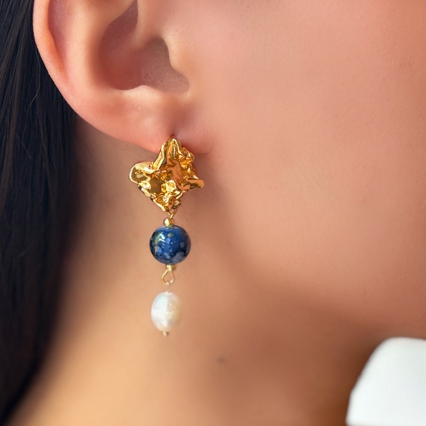 Blue Porcelain Beads and Pearl Pendants Earring