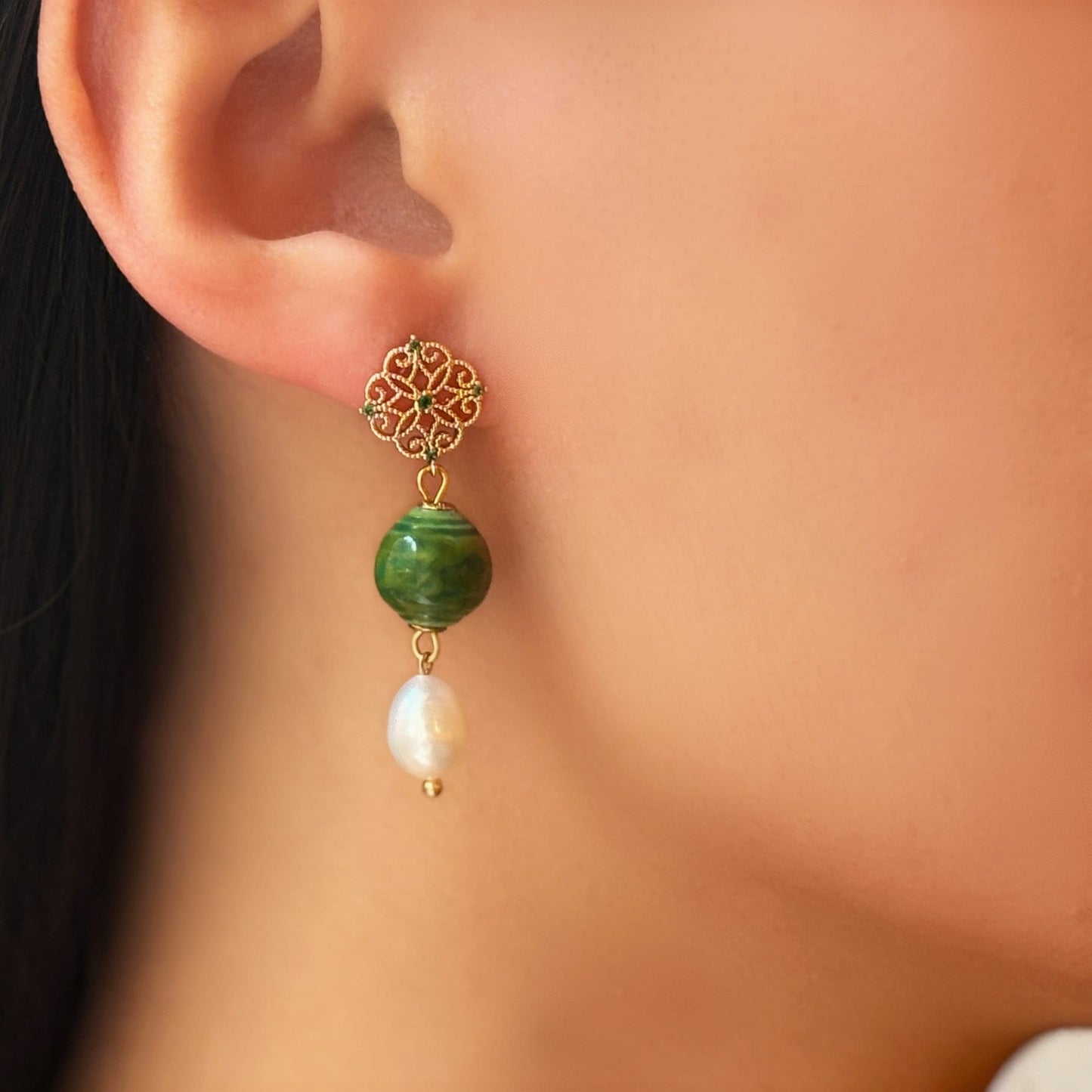 Green Ceramic Bead Earrings with Pearl