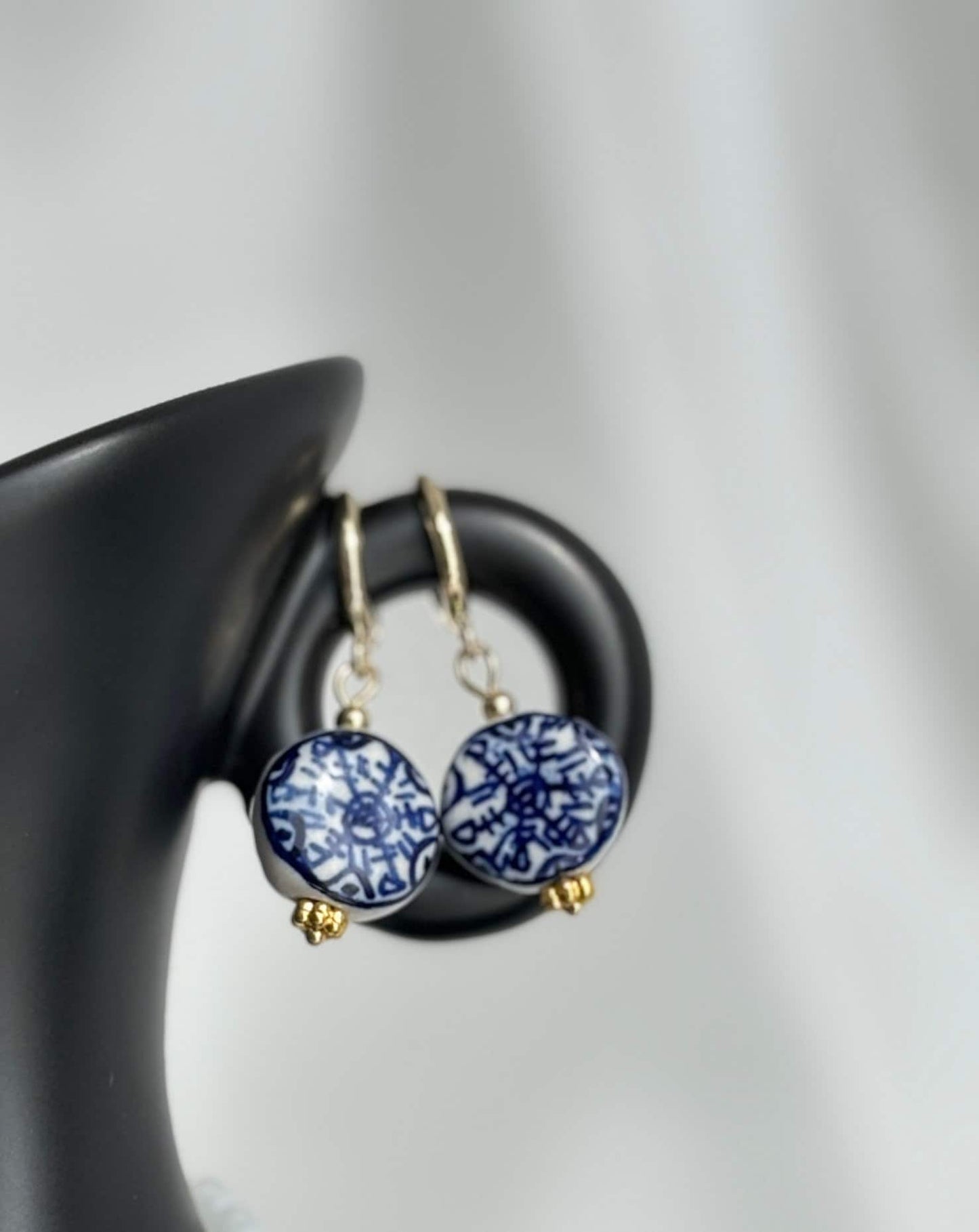 Dark Blue Porcelain Earrings with 18k Gold Hoops