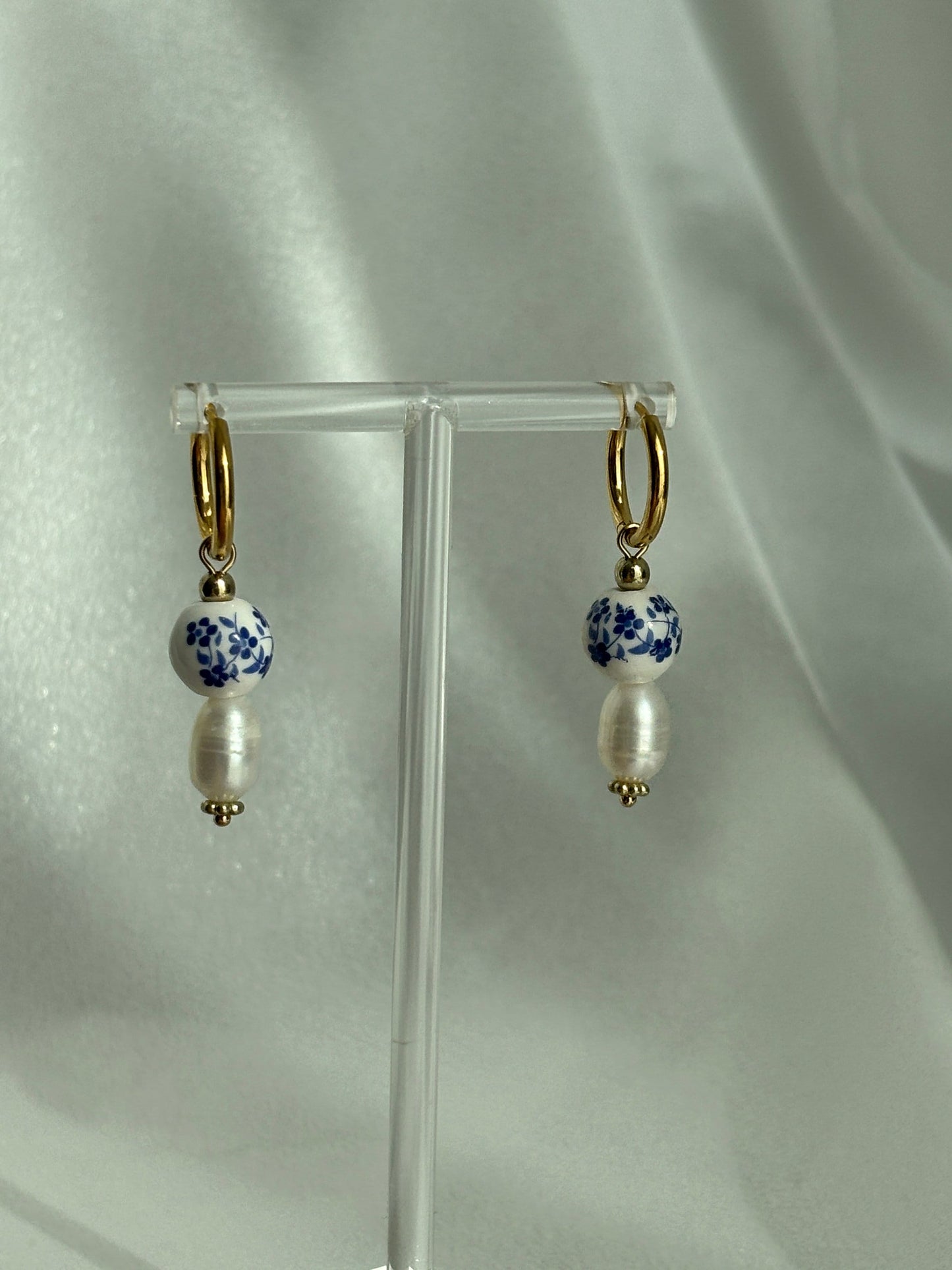 Blue Ceramic Bead & Pearl Drops Earring