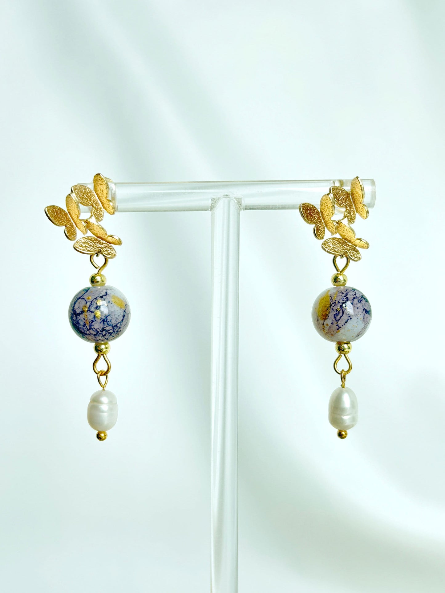 Gold Butterfly Studs with Pearl & Porcelain