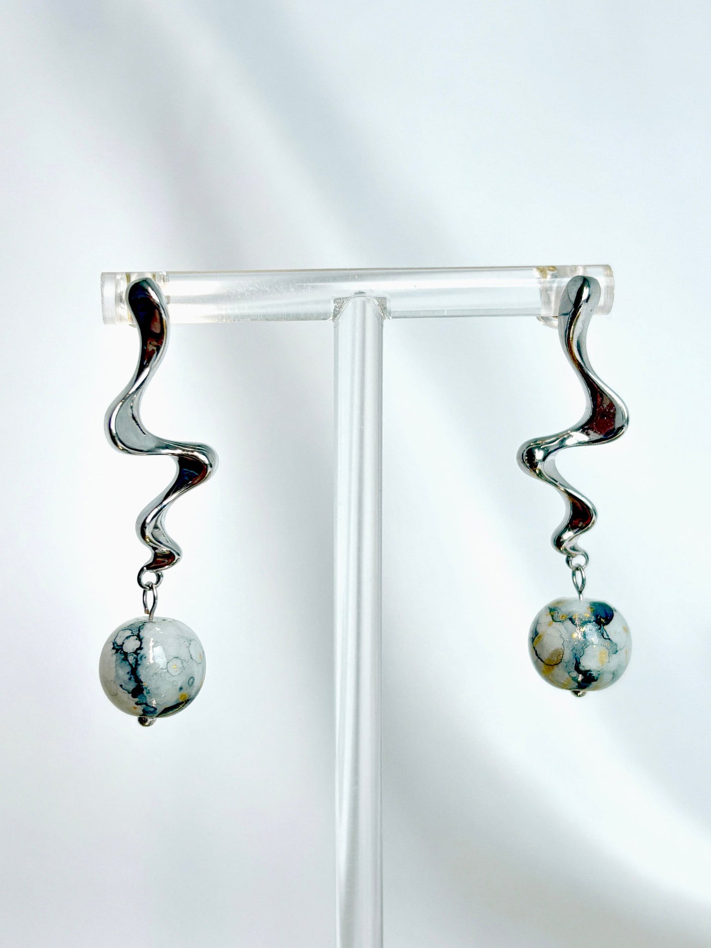 Silver River Flow Earring with Ceramic Bead