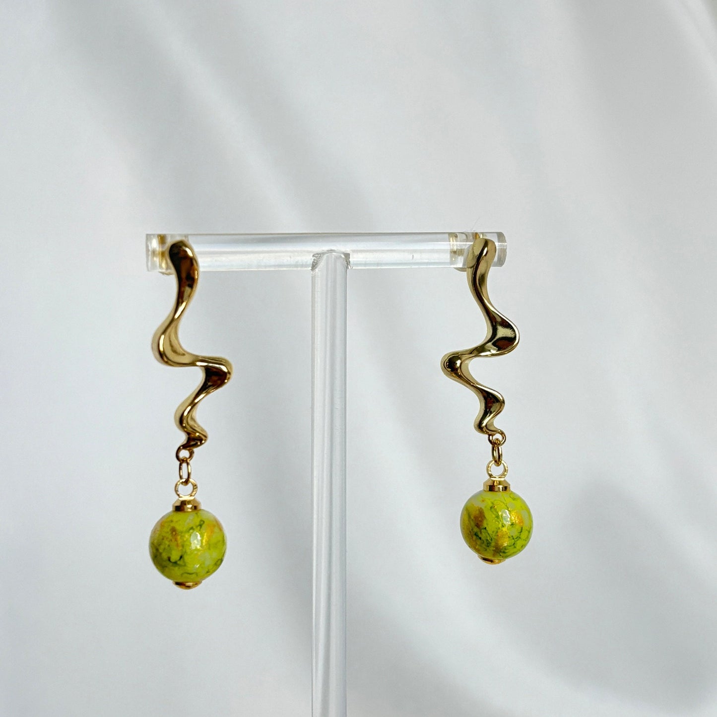 River Flow Earrings with Green Porcelain Bead