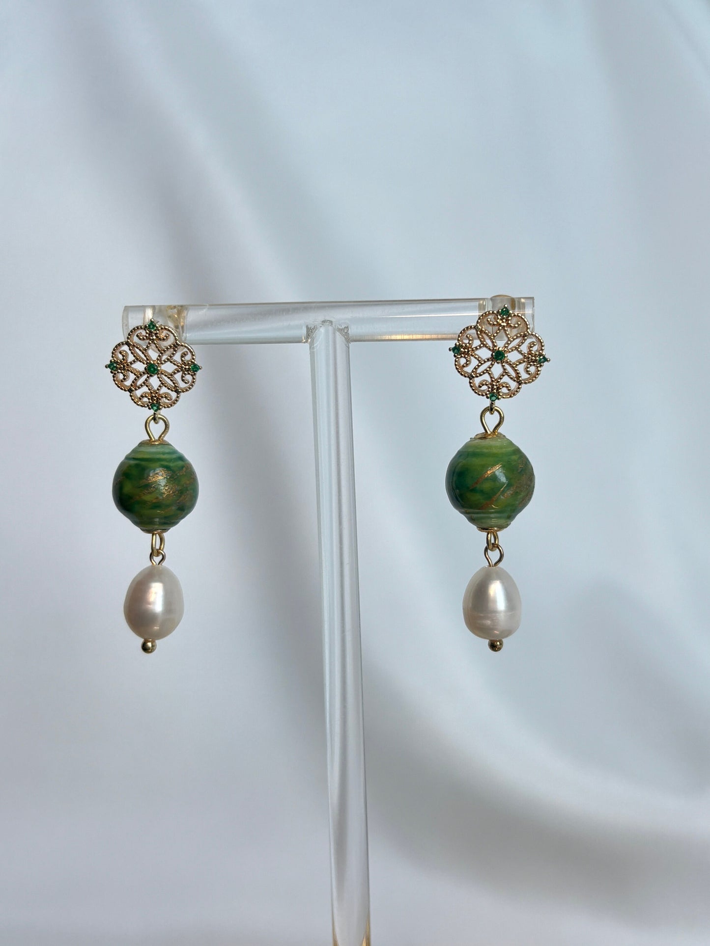 Green Ceramic Bead Earrings with Pearl