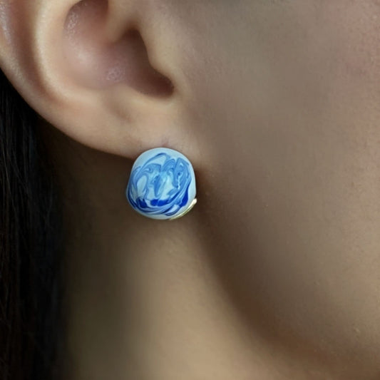 White Porcelain Disc Earrings with Blue Ink