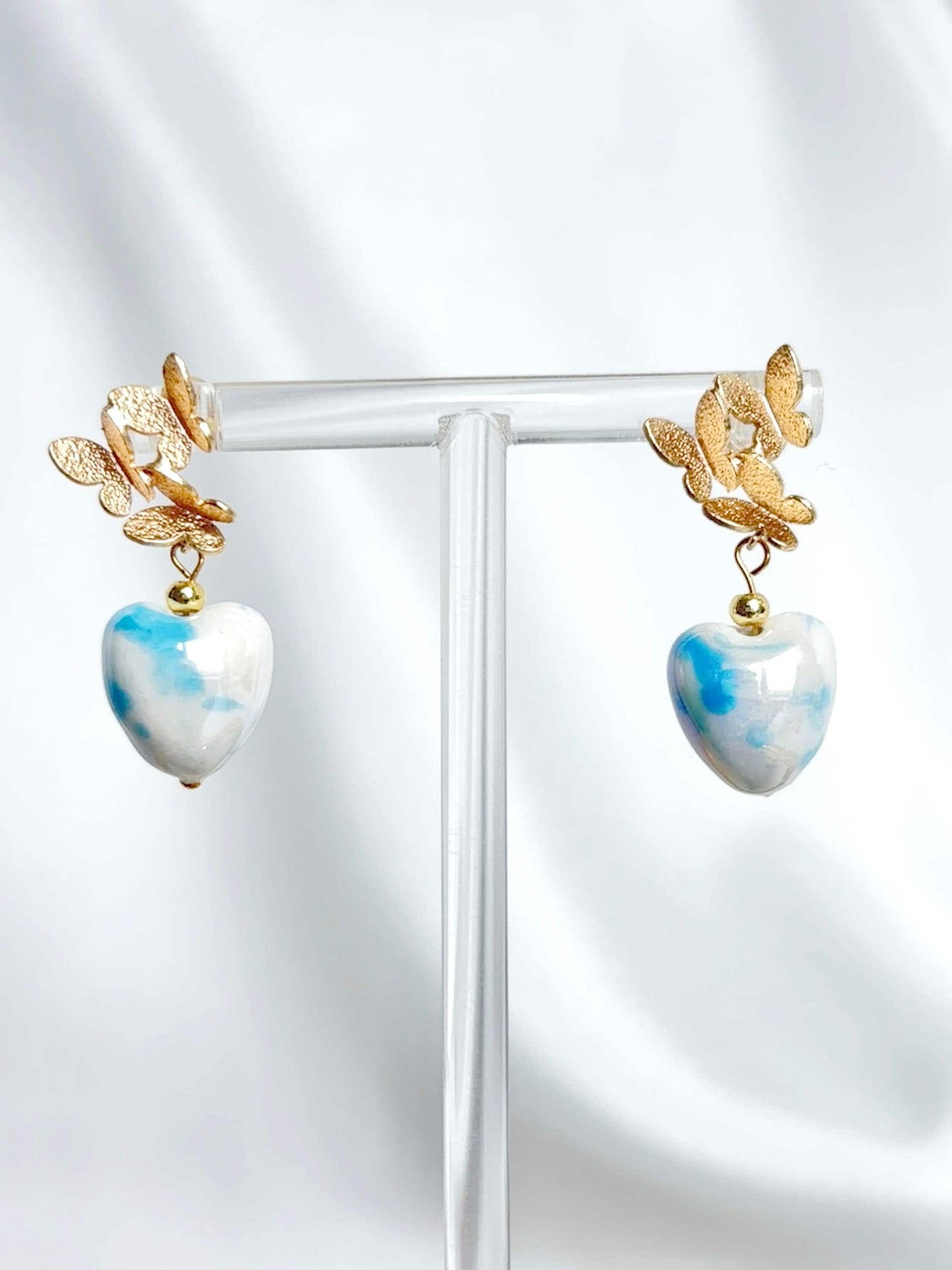 Gold Butterfly Earrings with Heart Porcelain Beads