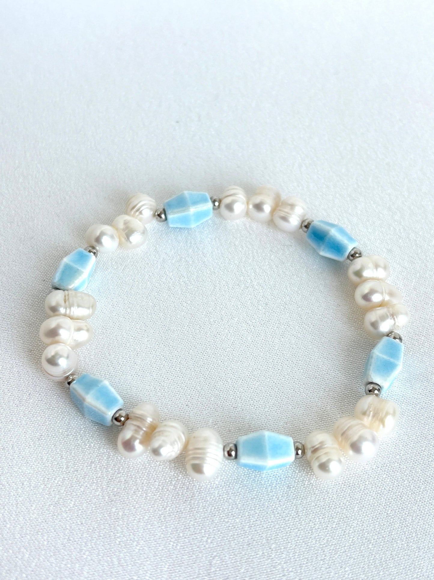 Blue Porcelain and White Pearl Bracelet