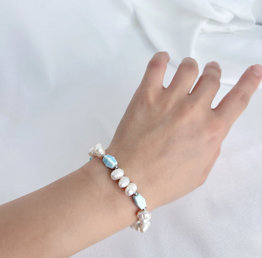 Blue Porcelain and White Pearl Bracelet