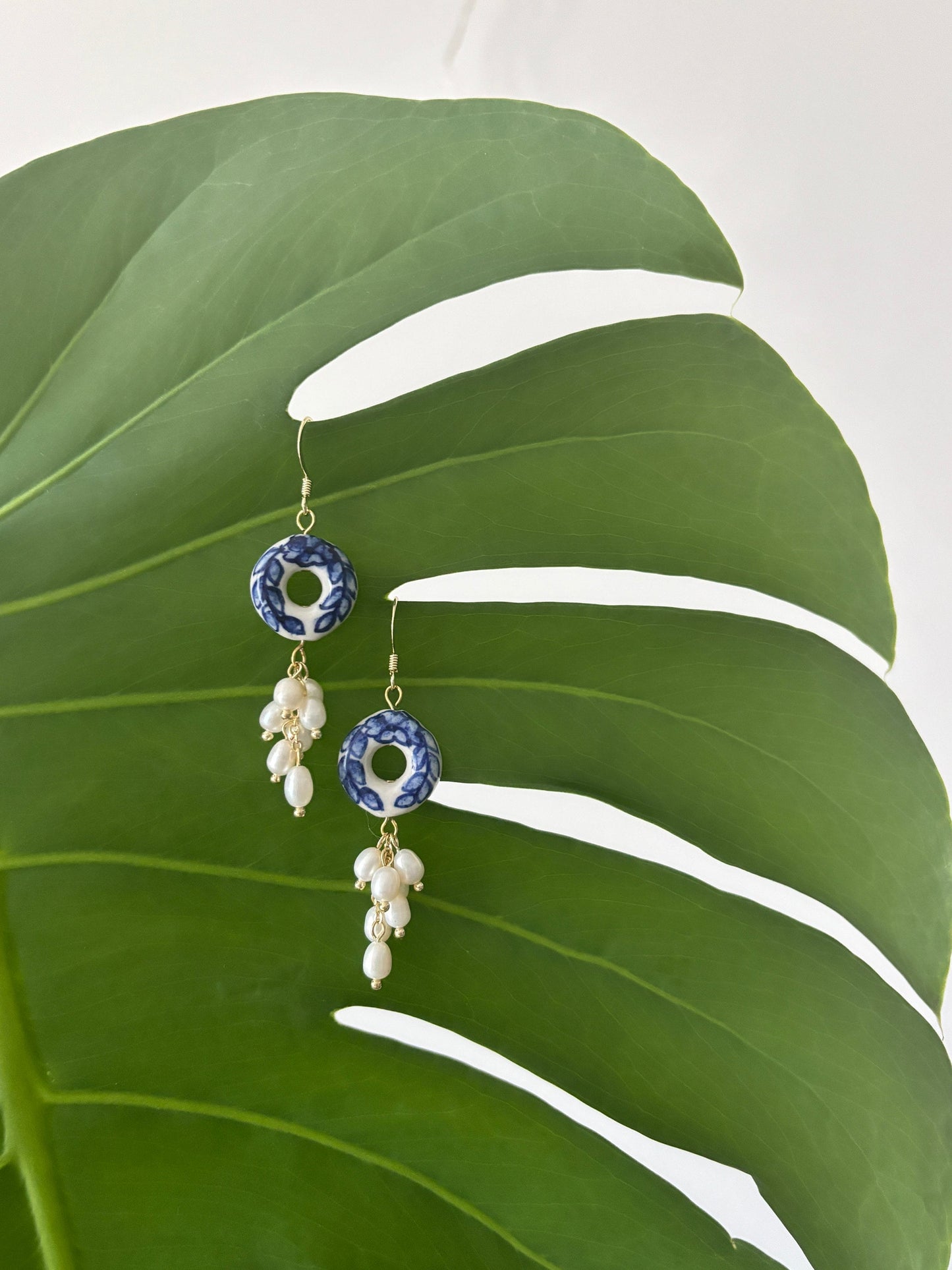 Porcelain Hoop Earrings with Blue Leaf and Pearl