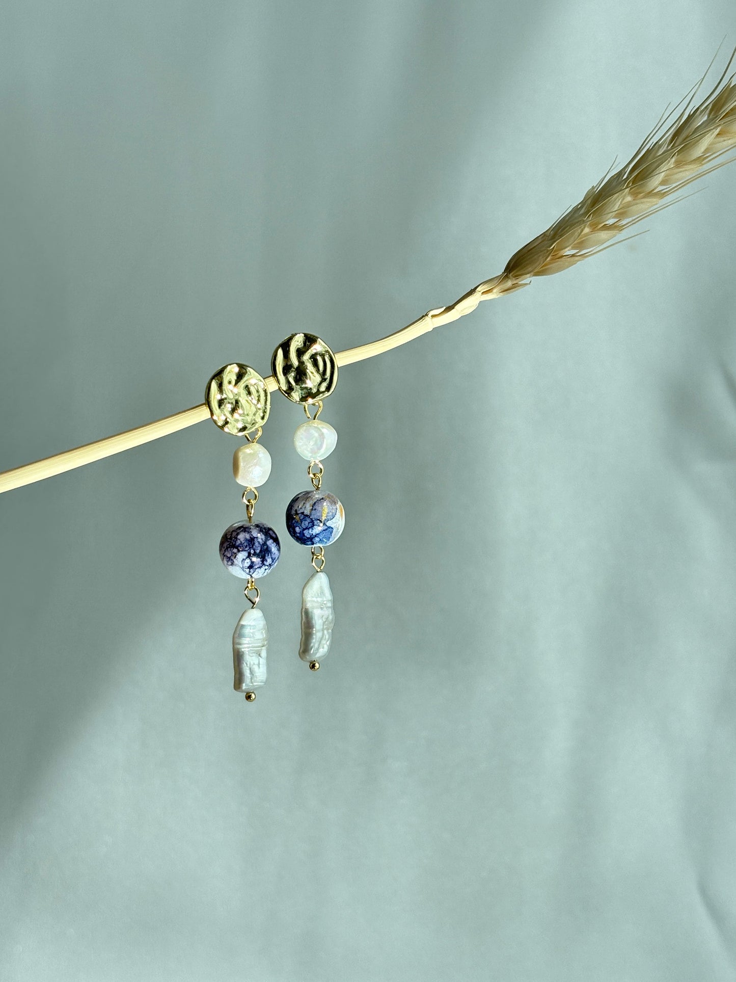 Gold Disc Earrings with Pearls and Blue Ceramic Bead