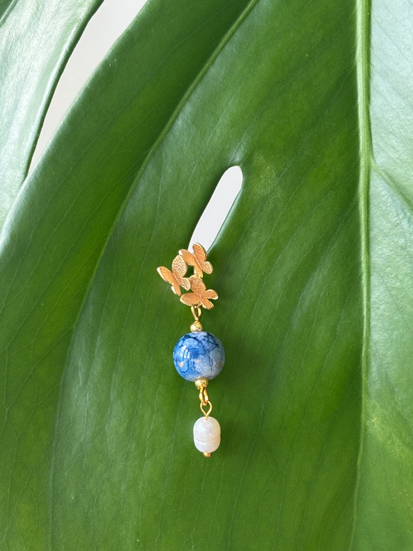 Gold Butterfly Studs with Pearl & Porcelain