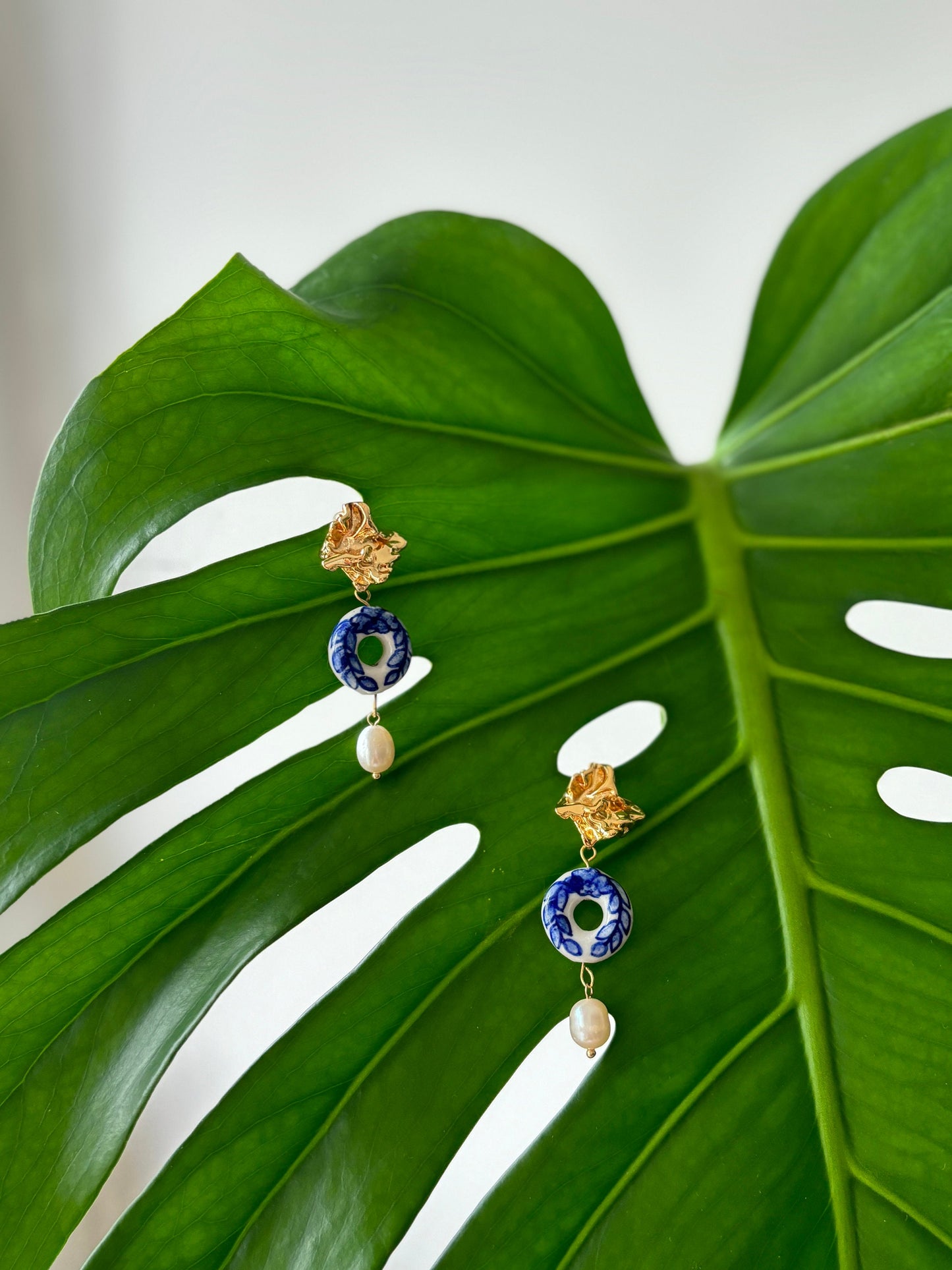 Blue Porcelain Beads and Pearl Pendants Earring