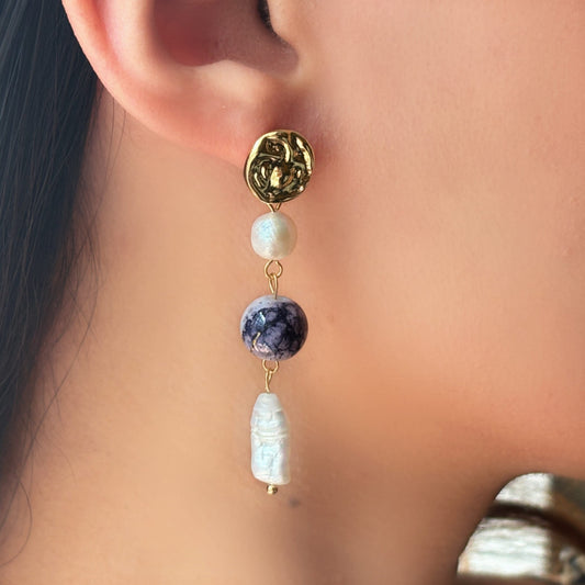 Gold Disc Earrings with Pearls and Blue Ceramic Bead