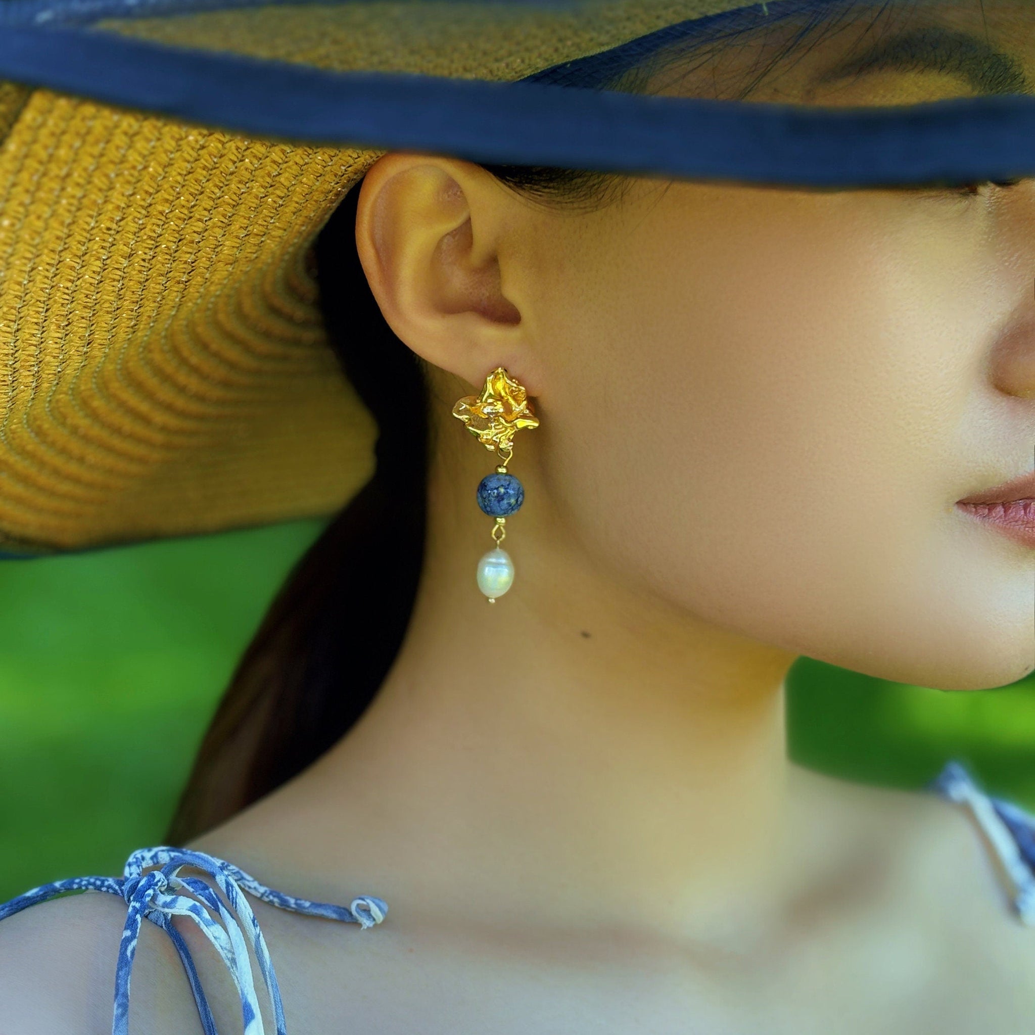 Blue Porcelain Beads and Pearl Pendants Earring
