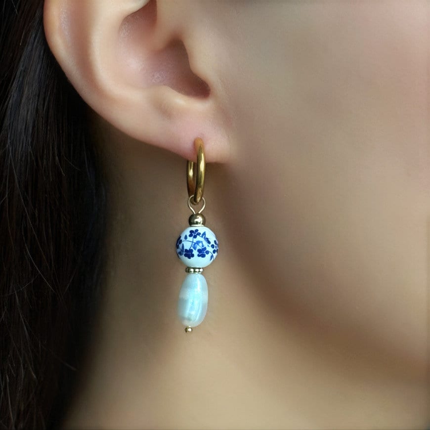 Blue Ceramic Bead & Pearl Drops Earring