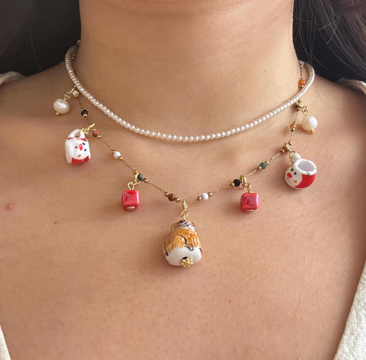 Customizable Porcelain Kitty Necklace with 6 beads | Cute and Unique Handcrafted Jewelry | Cute Gift | Cat Lovers