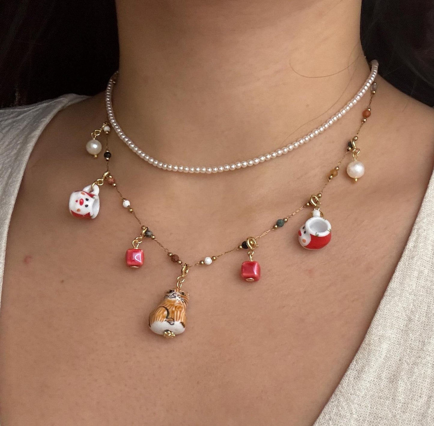 Customizable Porcelain Kitty Necklace with 6 beads | Cute and Unique Handcrafted Jewelry | Cute Gift | Cat Lovers