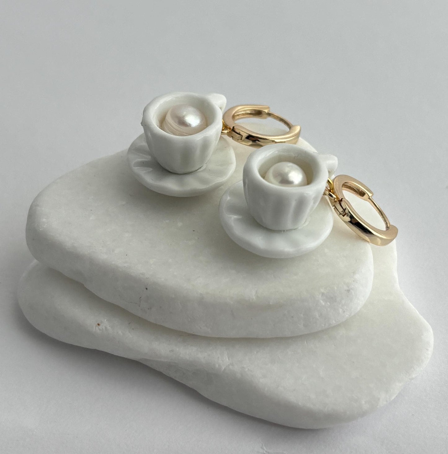 My Cup of Tea  -  Porcelain & Pearl Tea-set Earrings- White   | Cute and Unique Handcrafted Jewelry | Holiday Gift