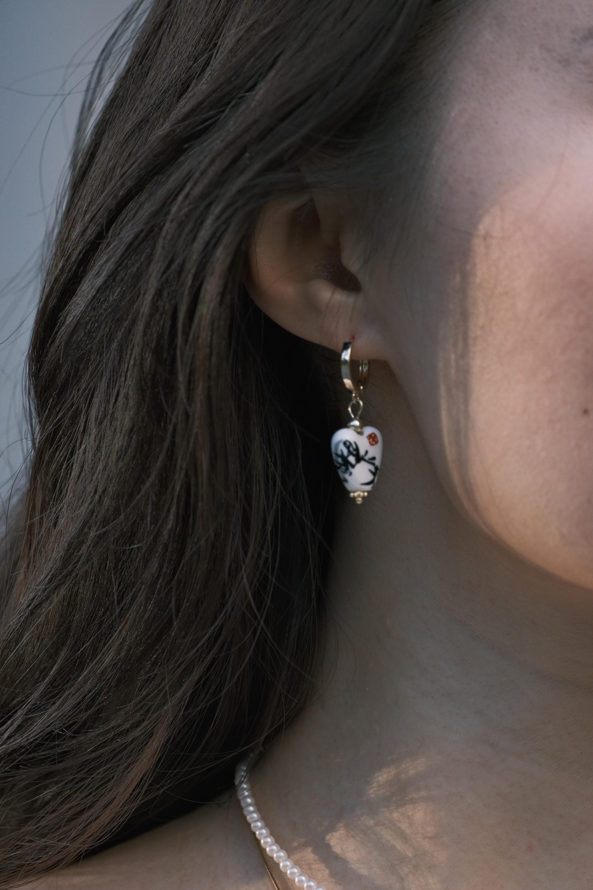 Porcelain Heart Hoop Earrings, Handmade Gift for Her, Romantic Dainty Jewelry, Drop Earrings, Something Blue for Everyday