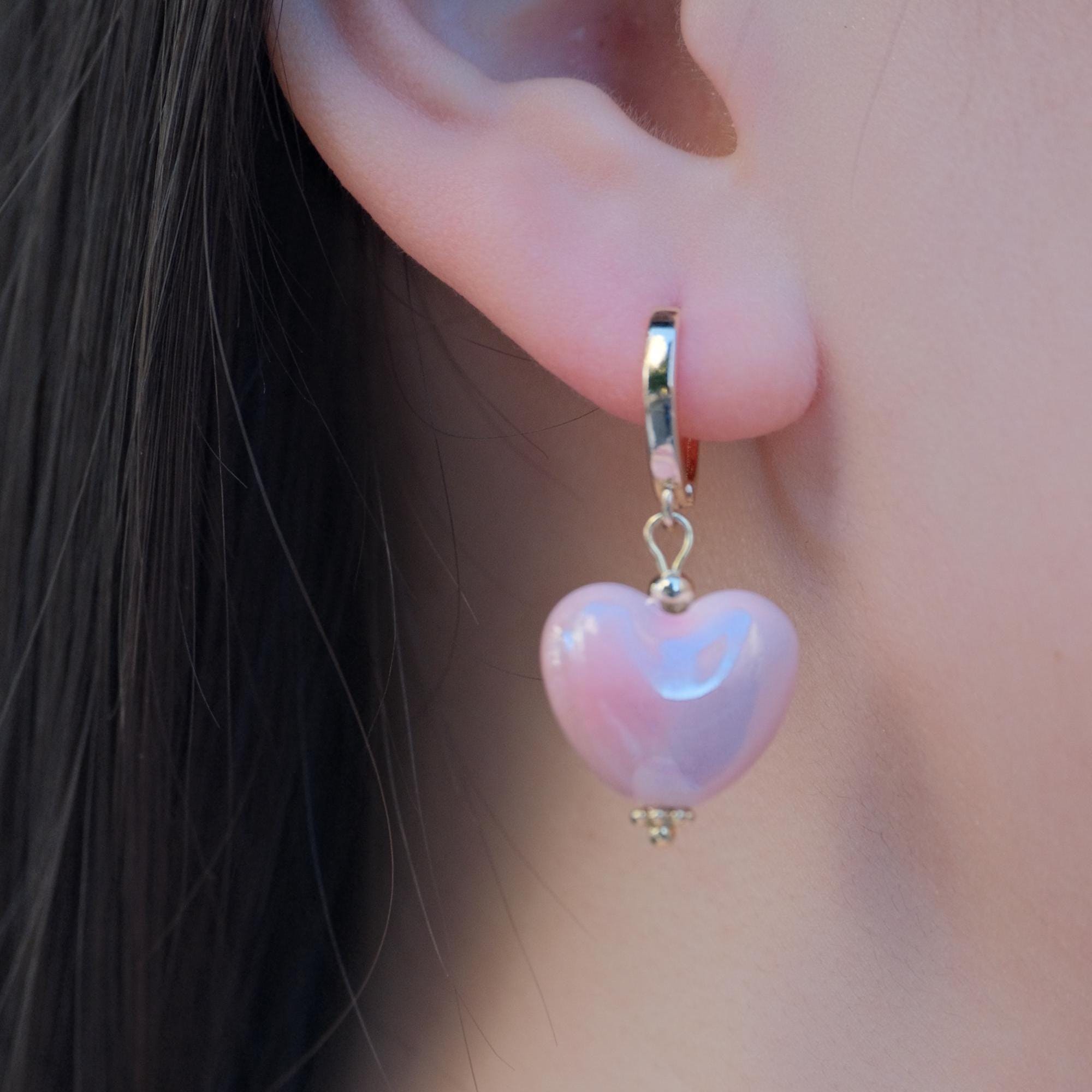 Porcelain Heart Hoop Earrings, Handmade Gift for Her, Romantic Dainty Jewelry, Drop Earrings, Something Pink for Everyday