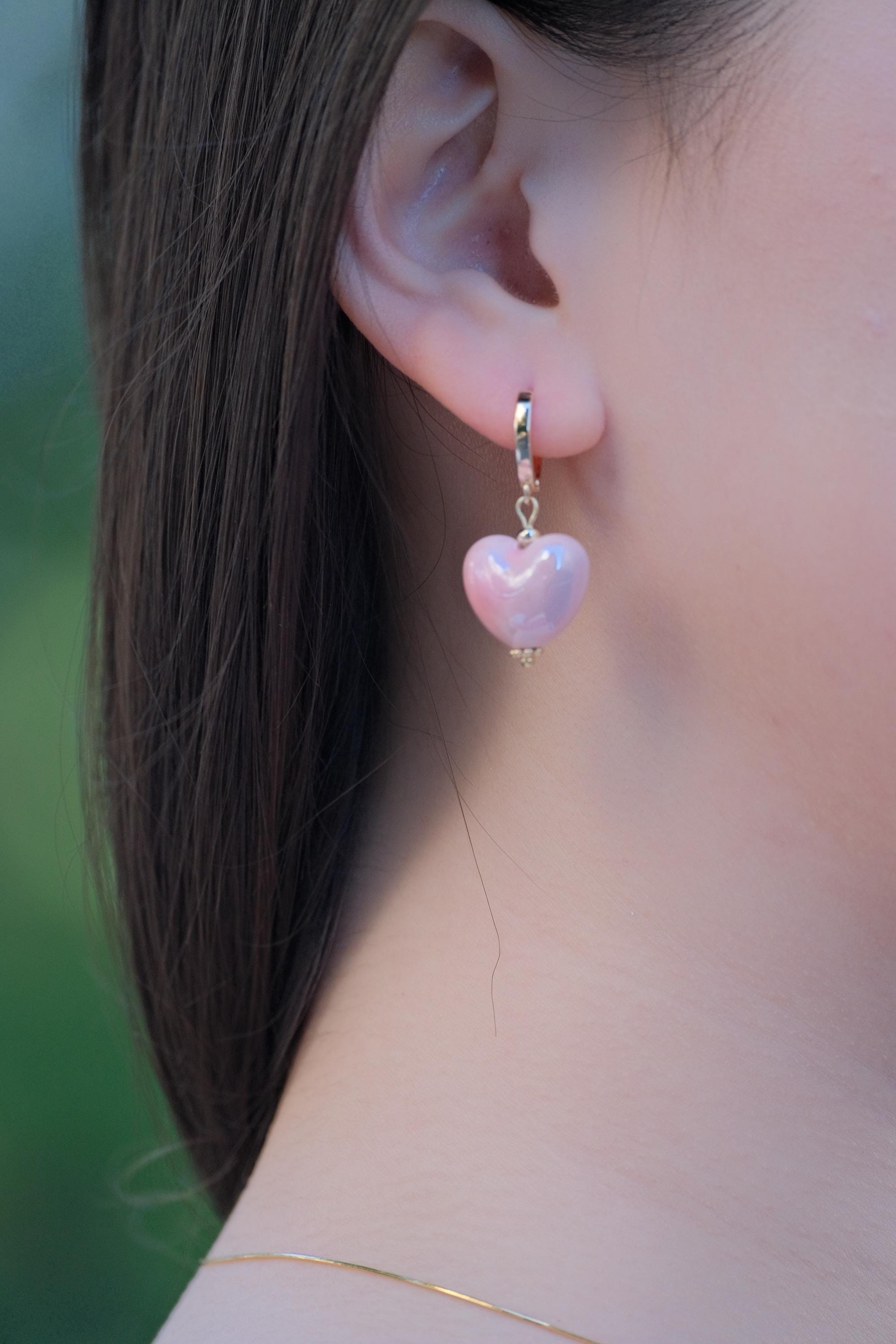 Porcelain Heart Hoop Earrings, Handmade Gift for Her, Romantic Dainty Jewelry, Drop Earrings, Something Pink for Everyday