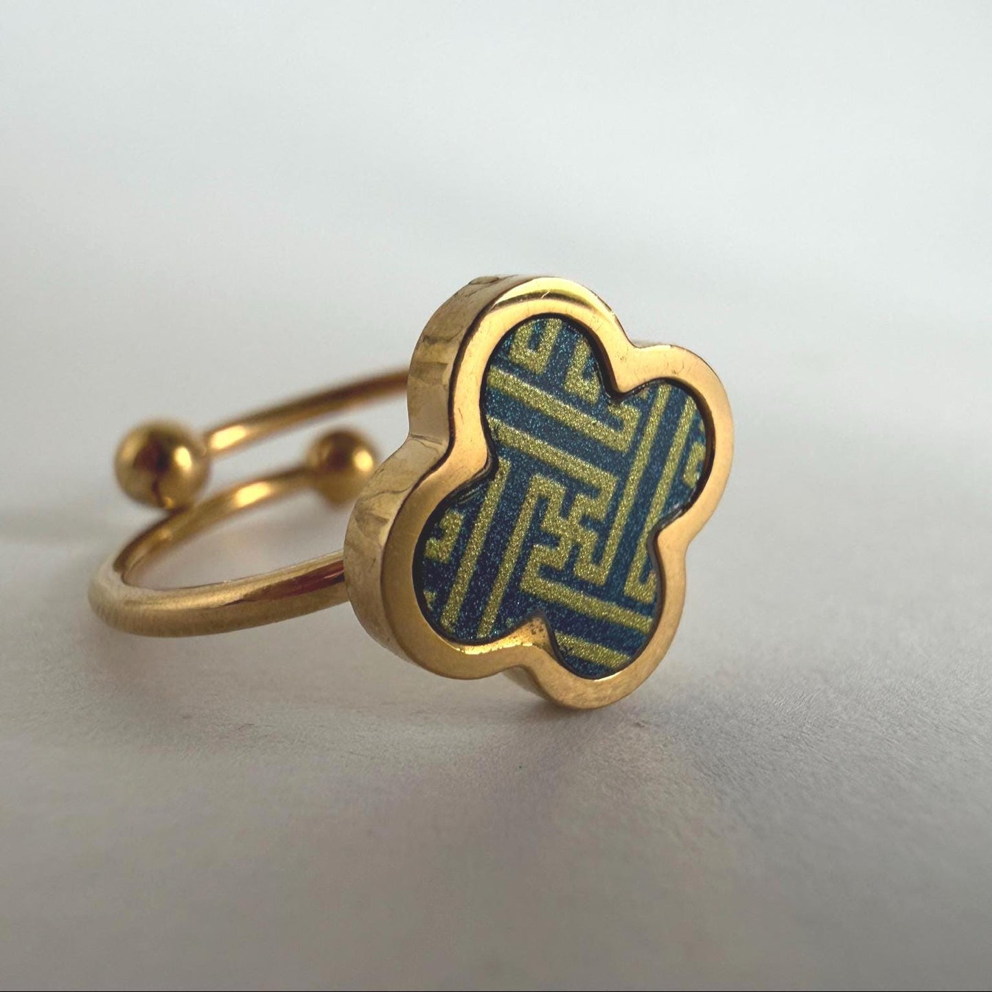 Dainty Porcelain Signet Ring | Gold Plated Longevity Luck  Pattern