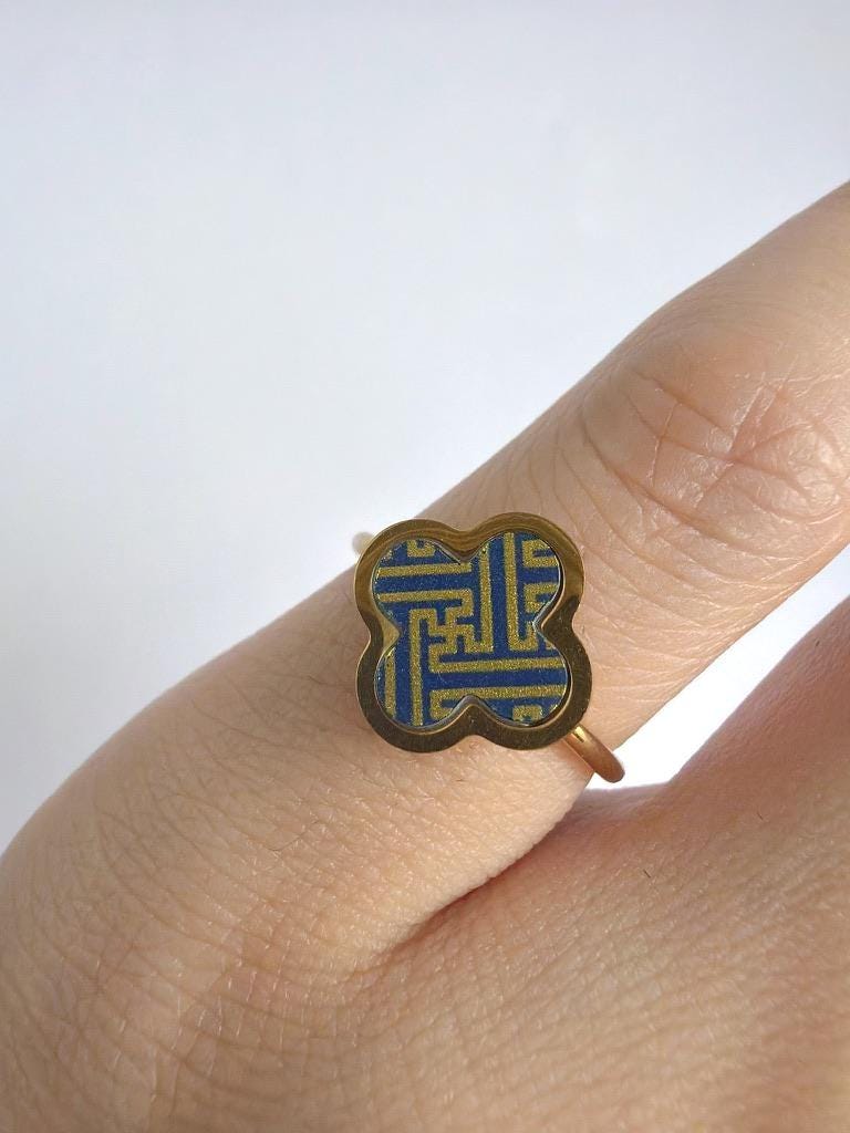 Dainty Porcelain Signet Ring | Gold Plated Longevity Luck  Pattern