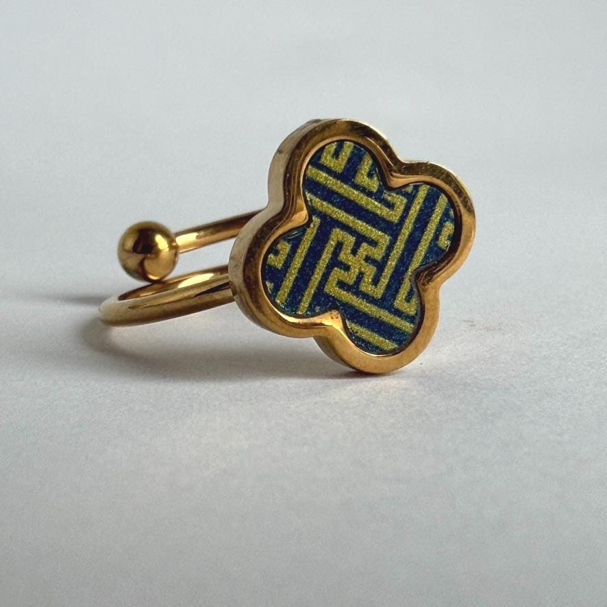 Dainty Porcelain Signet Ring | Gold Plated Longevity Luck  Pattern