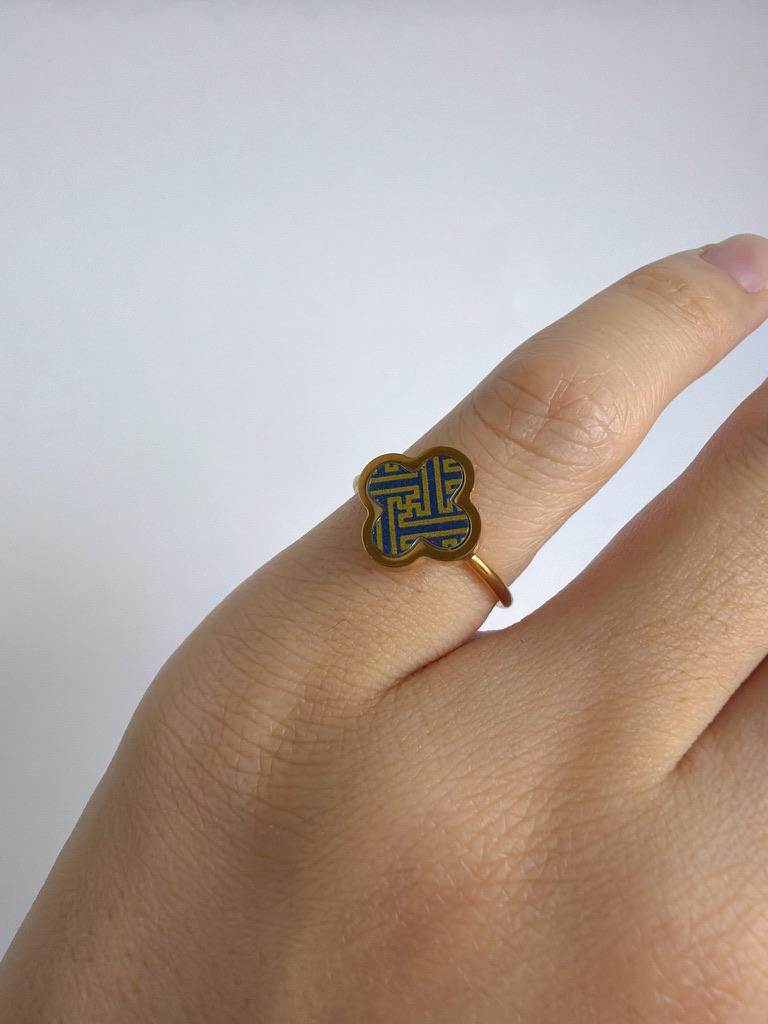 Dainty Porcelain Signet Ring | Gold Plated Longevity Luck  Pattern
