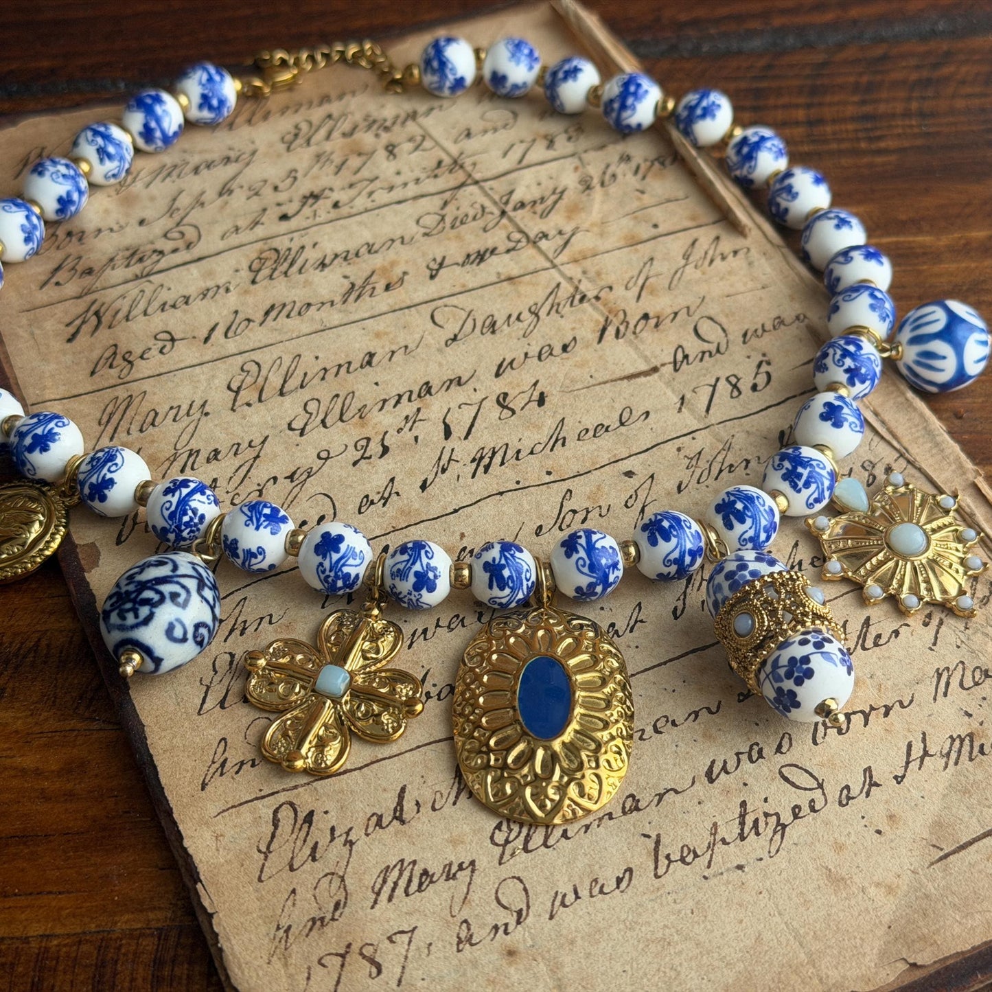 Vintage-Inspired Blue & White Chinoiserie Porcelain Charm Necklace | Gold-Plated Chain, Customizable Beads
