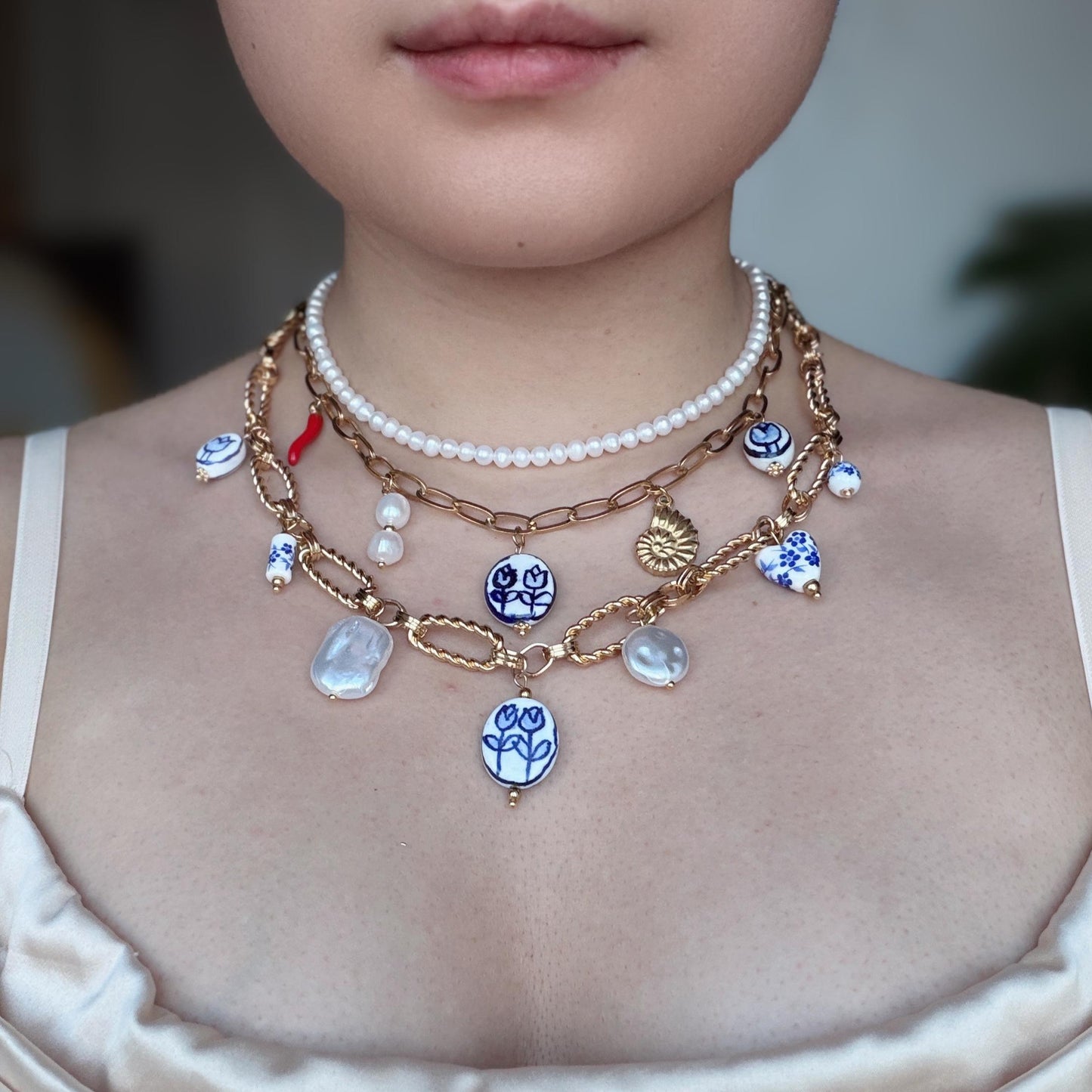 Vintage-Inspired Blue & White Pearl Porcelain Charm Necklace | Gold-Plated Chain, Customizable Beads