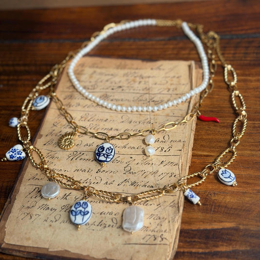 Vintage-Inspired Blue & White Pearl Porcelain Charm Necklace | Gold-Plated Chain, Customizable Beads