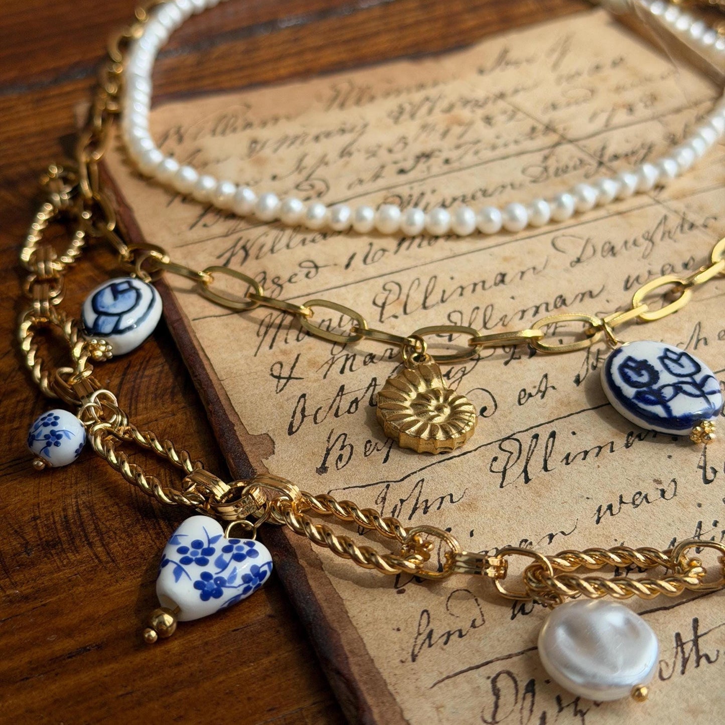 Vintage-Inspired Blue & White Pearl Porcelain Charm Necklace | Gold-Plated Chain, Customizable Beads