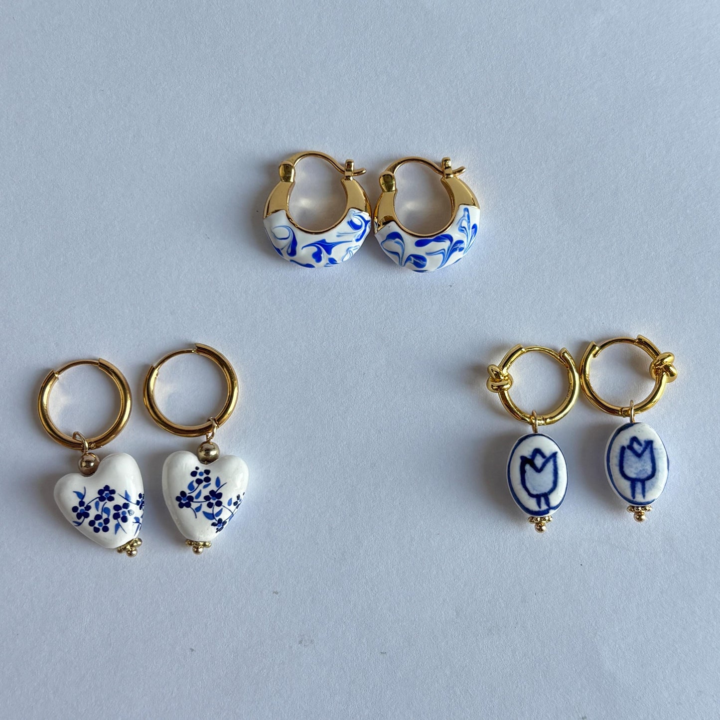Vintage-Inspired Blue & White Pearl Porcelain Charm Necklace | Gold-Plated Chain, Customizable Beads
